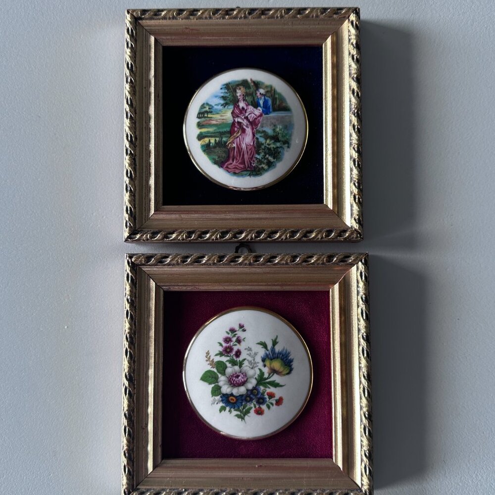 Vintage Italian Miniature Picture On Porcelain Framed Art. 5”x5”